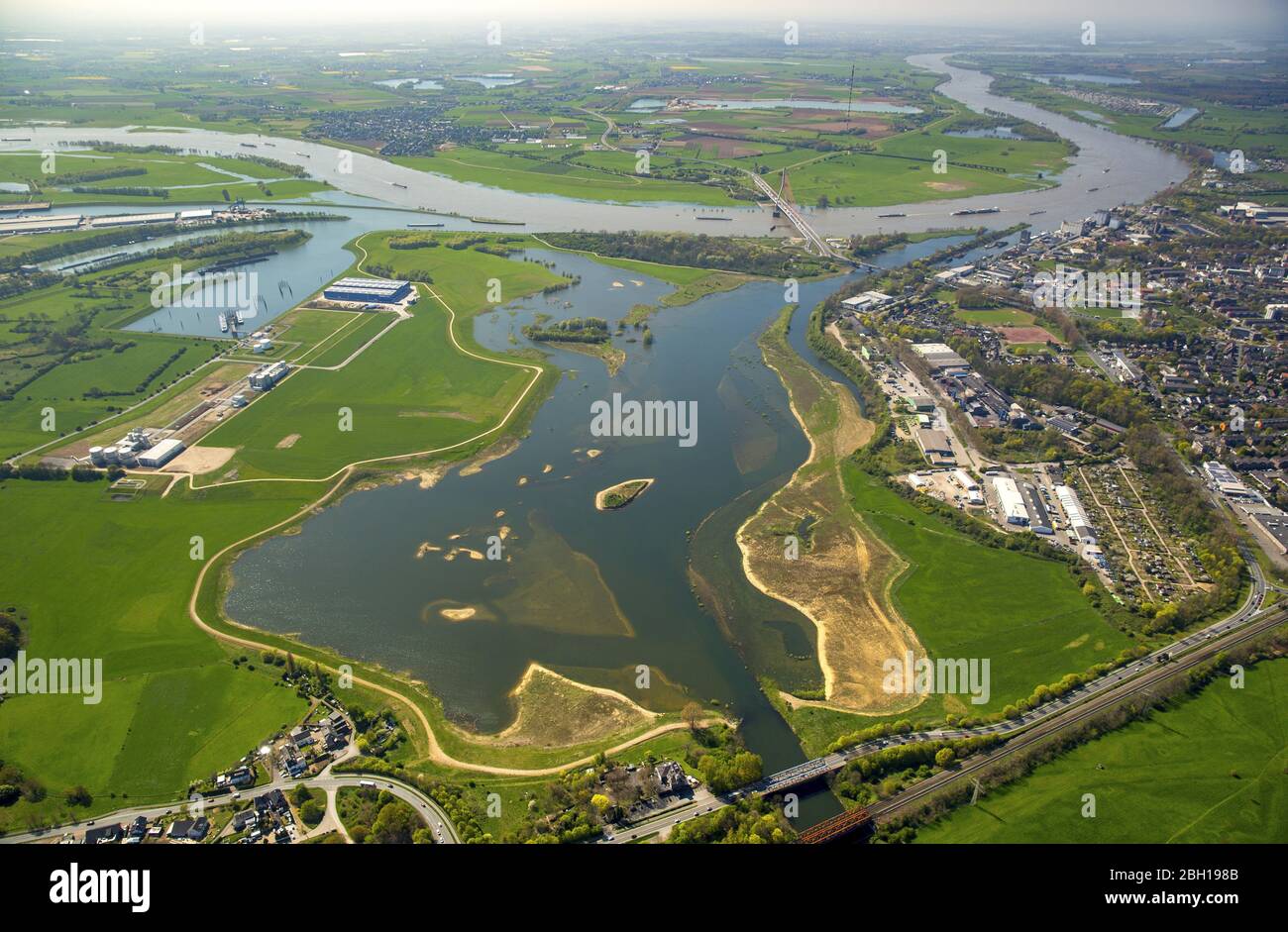 , flooded riverbed of Lippe at mouth into the river Rhien in Wesel. 21.04.2016, aerial view, Germany, North Rhine-Westphalia, Ruhr Area, Wesel Stock Photo