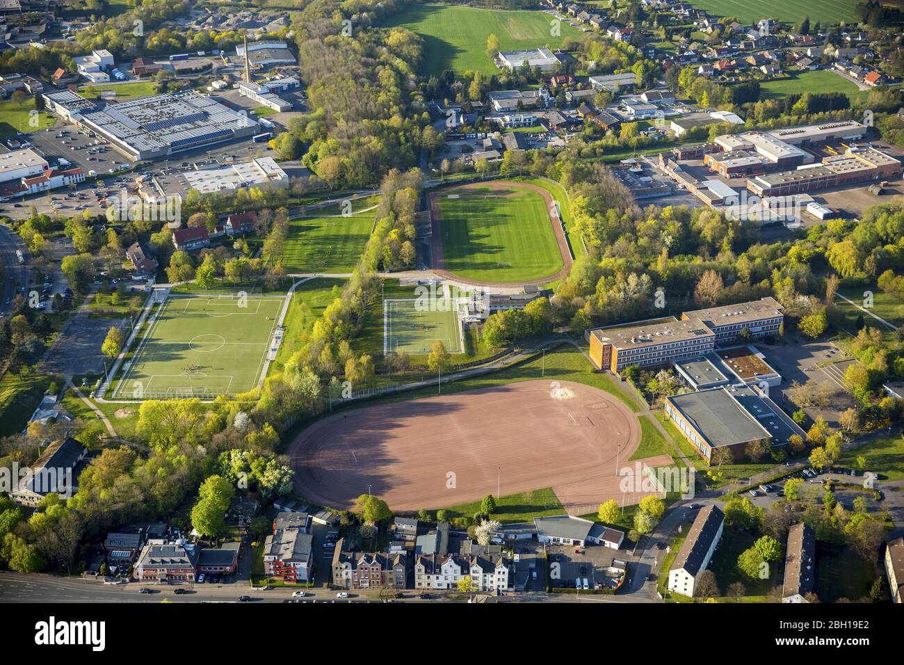 Sports grounds and football pitch of Adolf-Bruehl-Stadium on Galilei High School in Hamm-Bockum-Hoevel, 21.04.2016, aerial view, Germany, North Rhine-Westphalia, Ruhr Area, Hamm Stock Photo