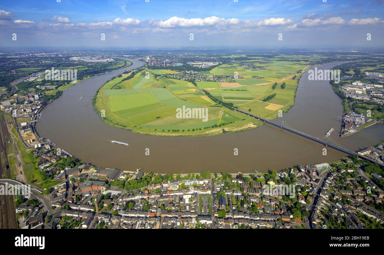 , river Rhine in Krefeld in Duisburg-Uerdingen with bridge of B 288, 09.06.2016, aerial view, Germany, North Rhine-Westphalia, Uerdingen, Krefeld Stock Photo