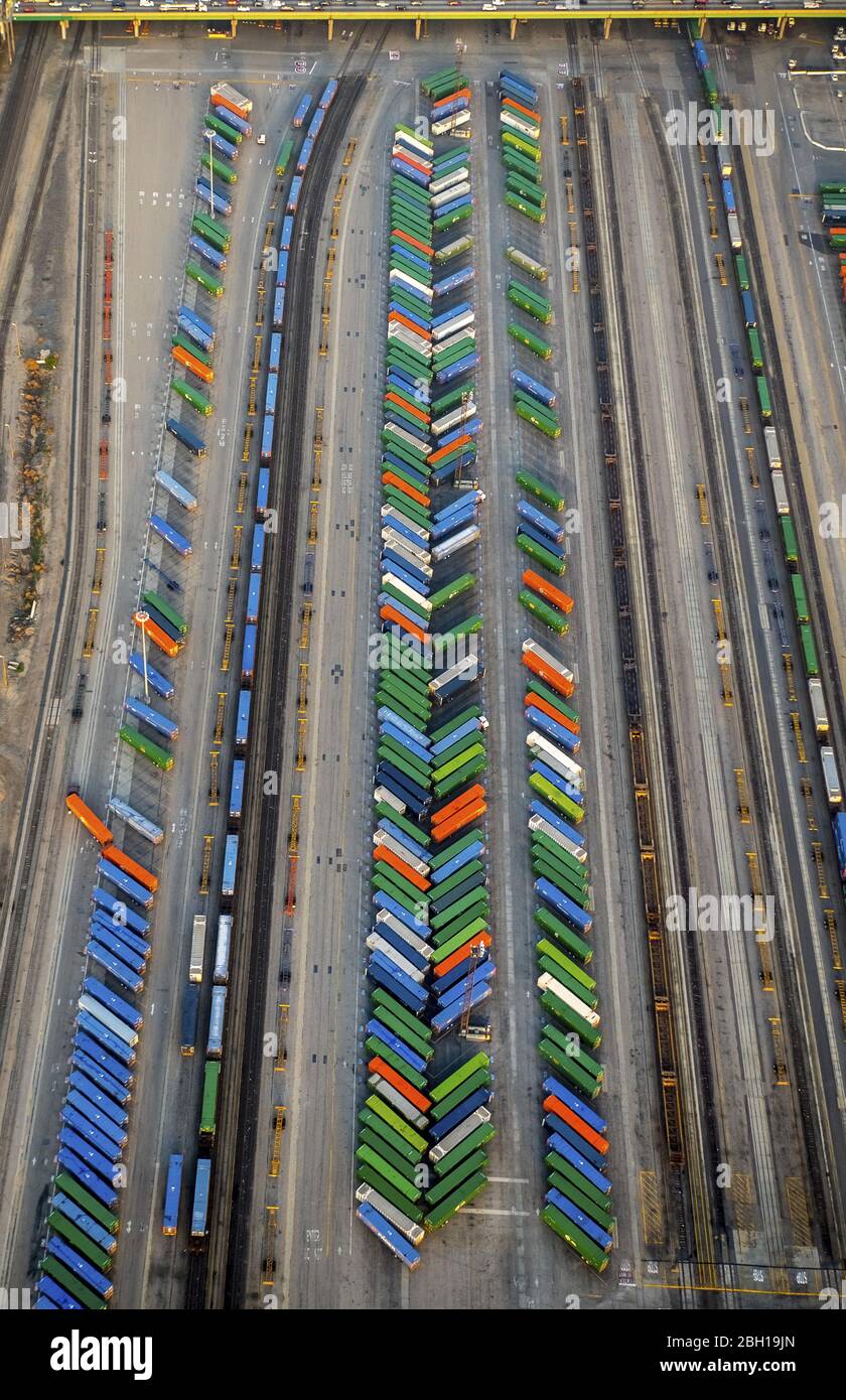 , Colourful containers at the freight station in an industrial area along Bandini Blvd in Vernon, 20.03.2016, aerial view, USA, California, Vernon Stock Photo