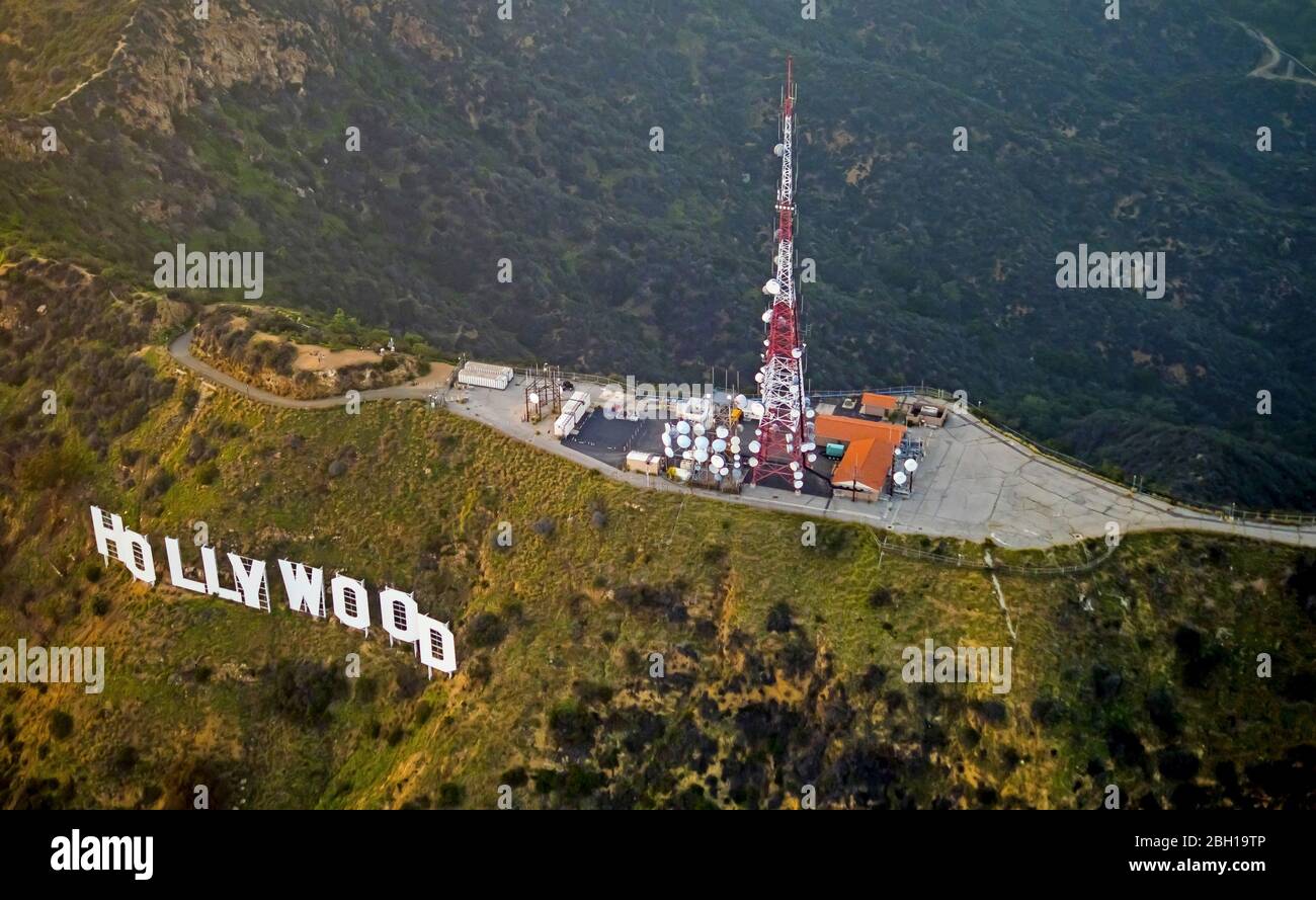 , Landmark and cultural icon Hollywood sign on Mount Lee in Los Angeles, 20.03.2016, aerial view, USA, California, Los Angeles Stock Photo