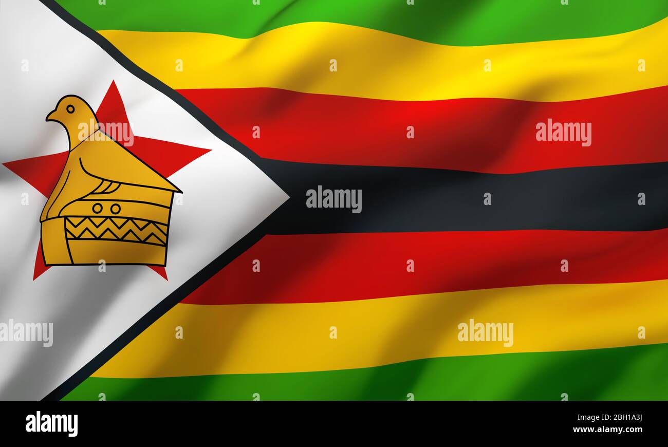 Flag of Zimbabwe blowing in the wind. Full page Zimbabwean flying flag. 3D illustration. Stock Photo
