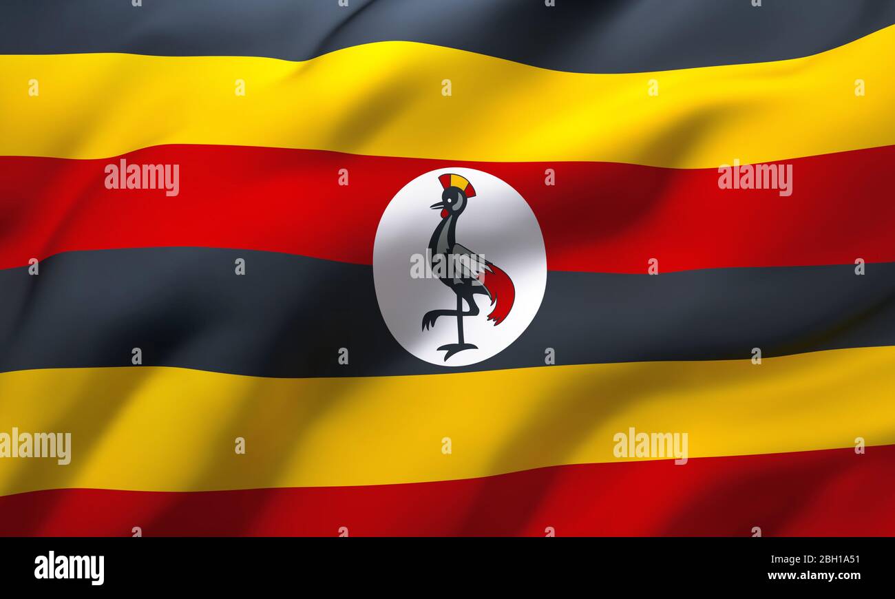 Flag of Uganda blowing in the wind. Full page Ugandan flying flag. 3D illustration. Stock Photo