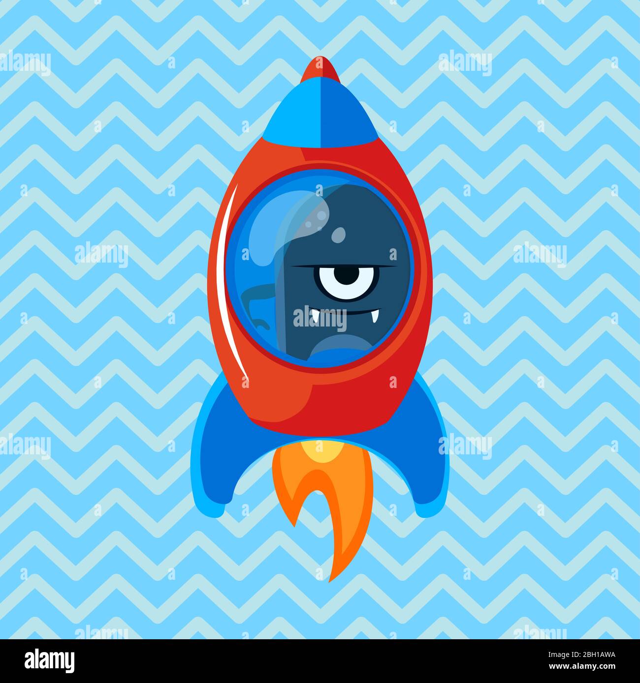 Angry alien in rocket. Cartoon vector illustration. Ufo. Space theme. Monster in space ship Stock Vector