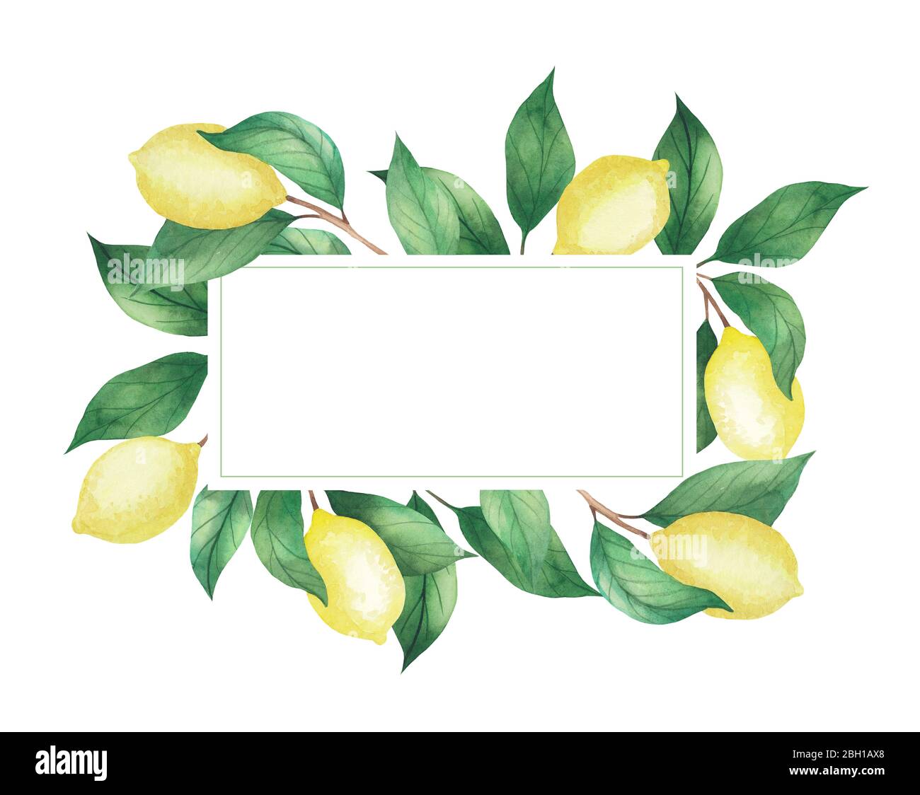 Watercolor rectangular frame of lemons and green branches, leaves ...