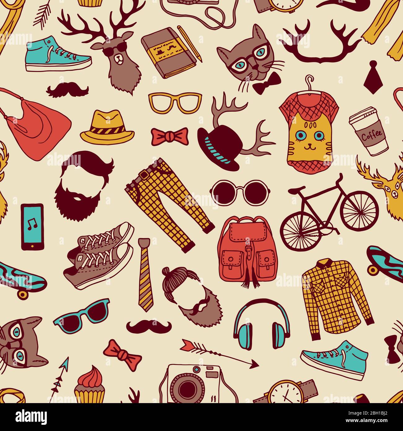 Seamless pattern with specific elements of hipster style. Hand drawn ...