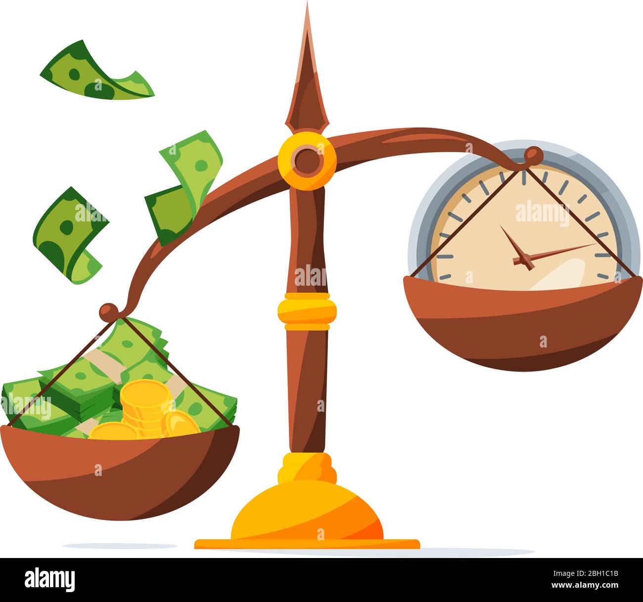 Save your money. Clock and money on scales. Investment concept. Time and money compare on scale, vector illustration Stock Vector