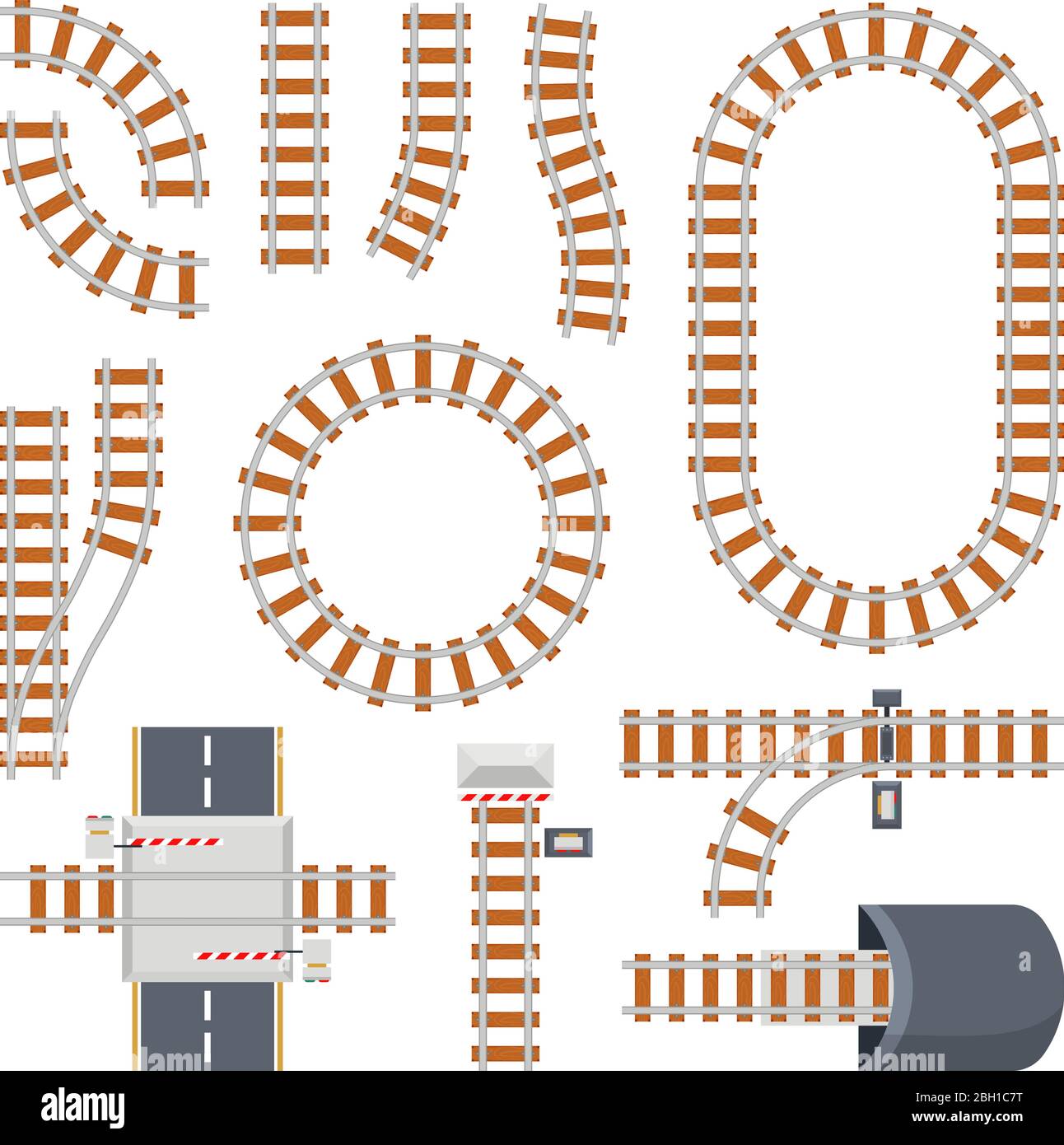 Different train constructions and top view of rail road. Vector