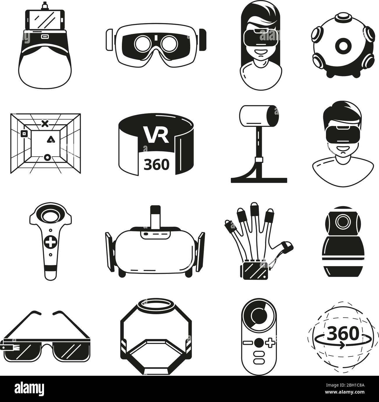 Symbols of virtual reality. Game panoramic in 3d rotation. Vr glasses