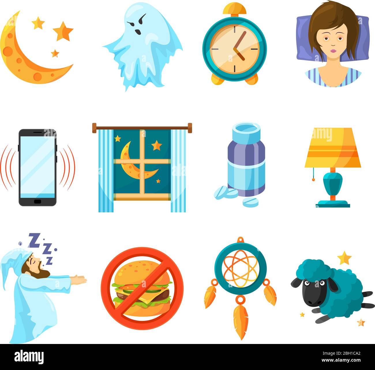 Symbols of night. Sleeping icon set. Insomnia and sleep night, dream and nap, vector illustration Stock Vector