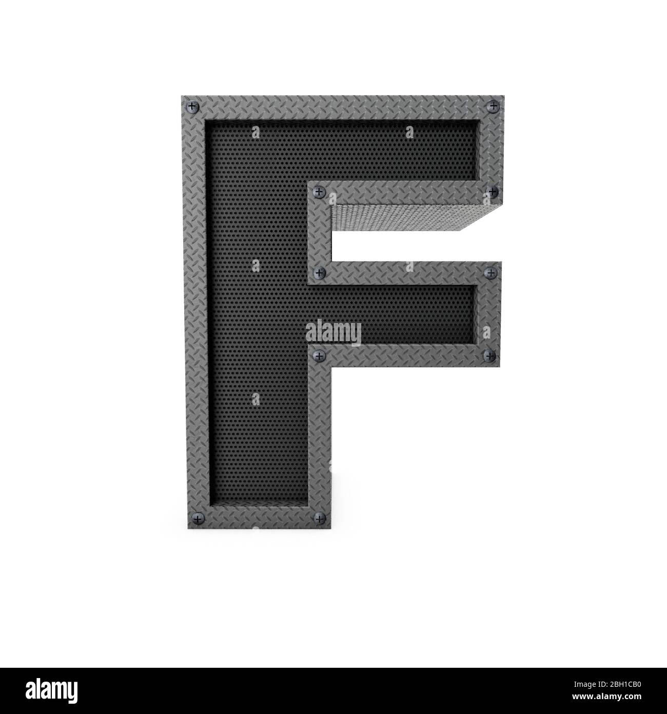 Letter F industrial metal type. 3D Rendering Stock Photo