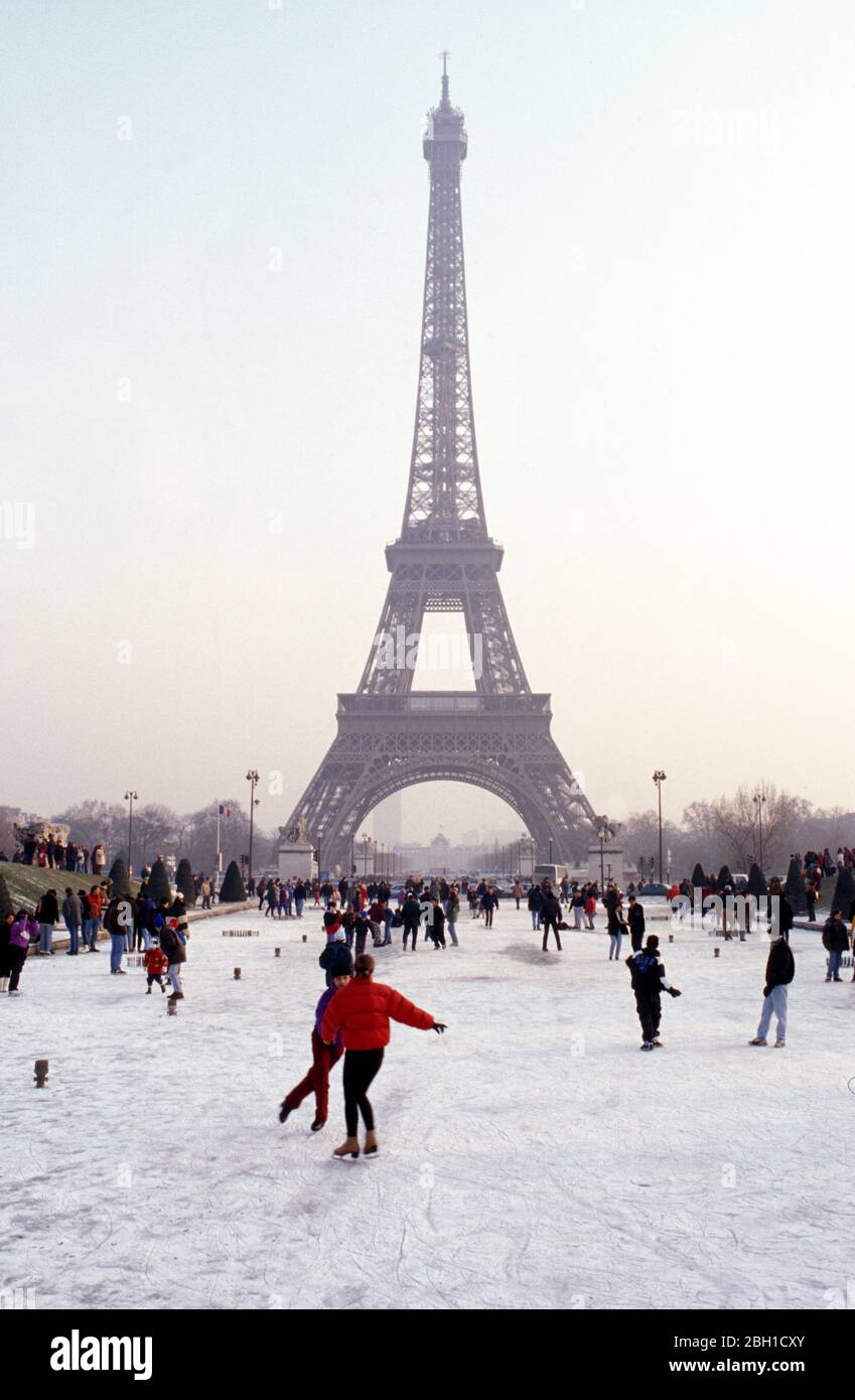 Frozen Trocadero fountains being used as an ice skating rink on a cold