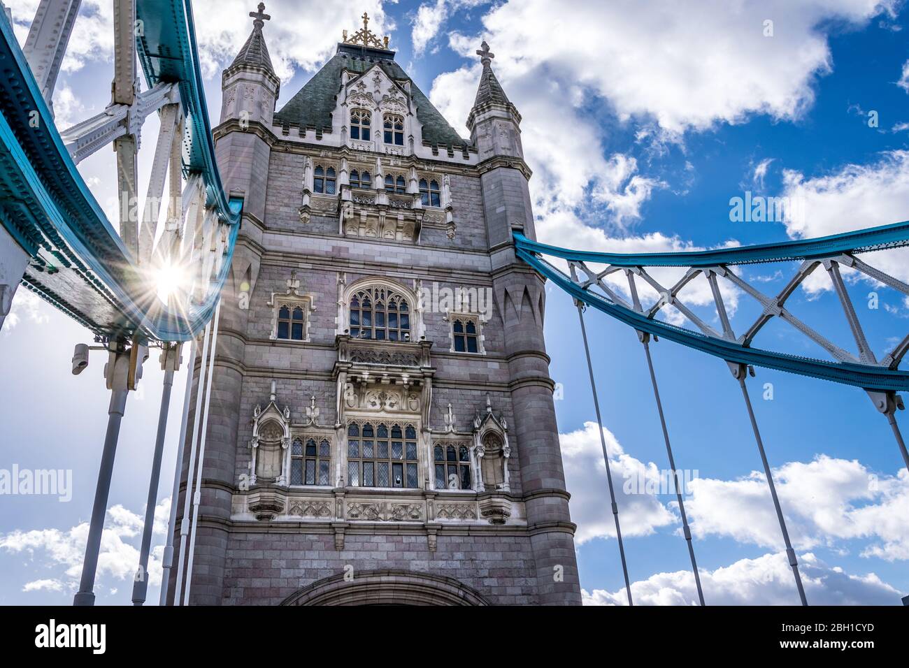 Light ray through Tower Bridge of London.Clouds over Tower Bridge.Monument in London.Tower of London Stock Photo