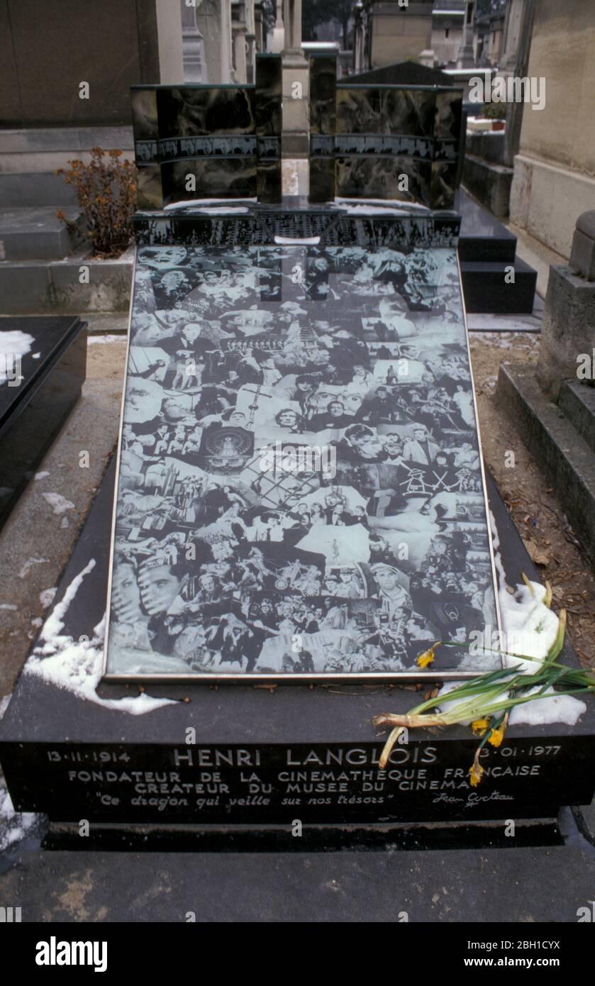 Grave of Henri Langlois, French film archivist and cinephile, in the Montparnasse cemetery in Paris, France Stock Photo