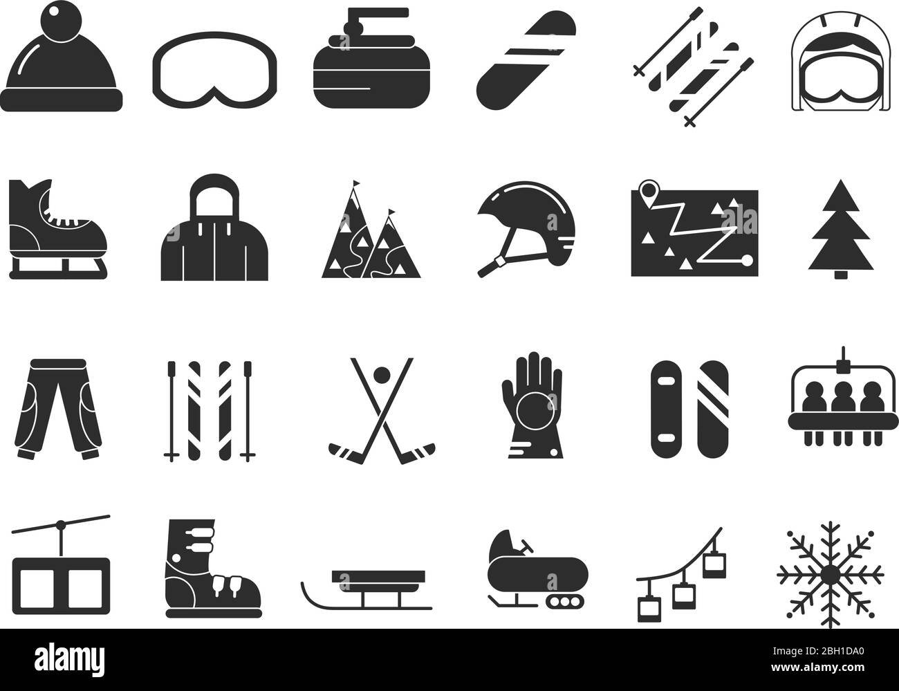 Monochrome icon set of winter sport. Vector black pictures. Winter sport hockey and skates, sledding and snowboard illustration Stock Vector
