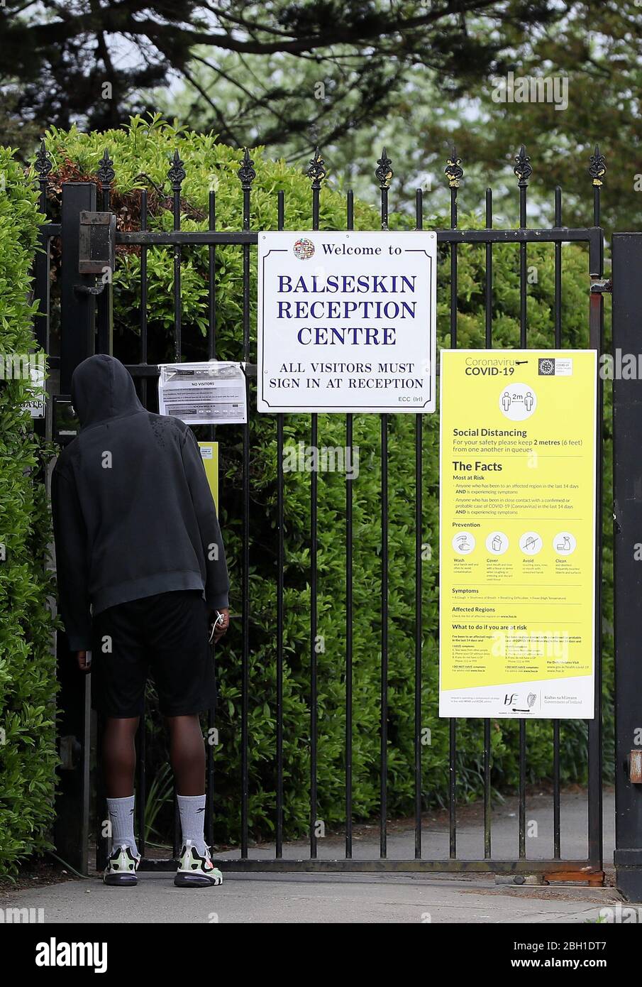Signs in relation to COVID-19 at the entrance to Balseskin Reception Centre in Dublin as the UK and Ireland continues in lockdown to help curb the spread of the coronavirus. Stock Photo