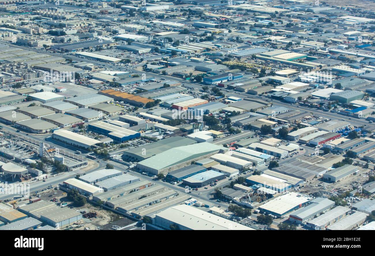 Aerial view of an area full of generic looking warehouses. Stock Photo