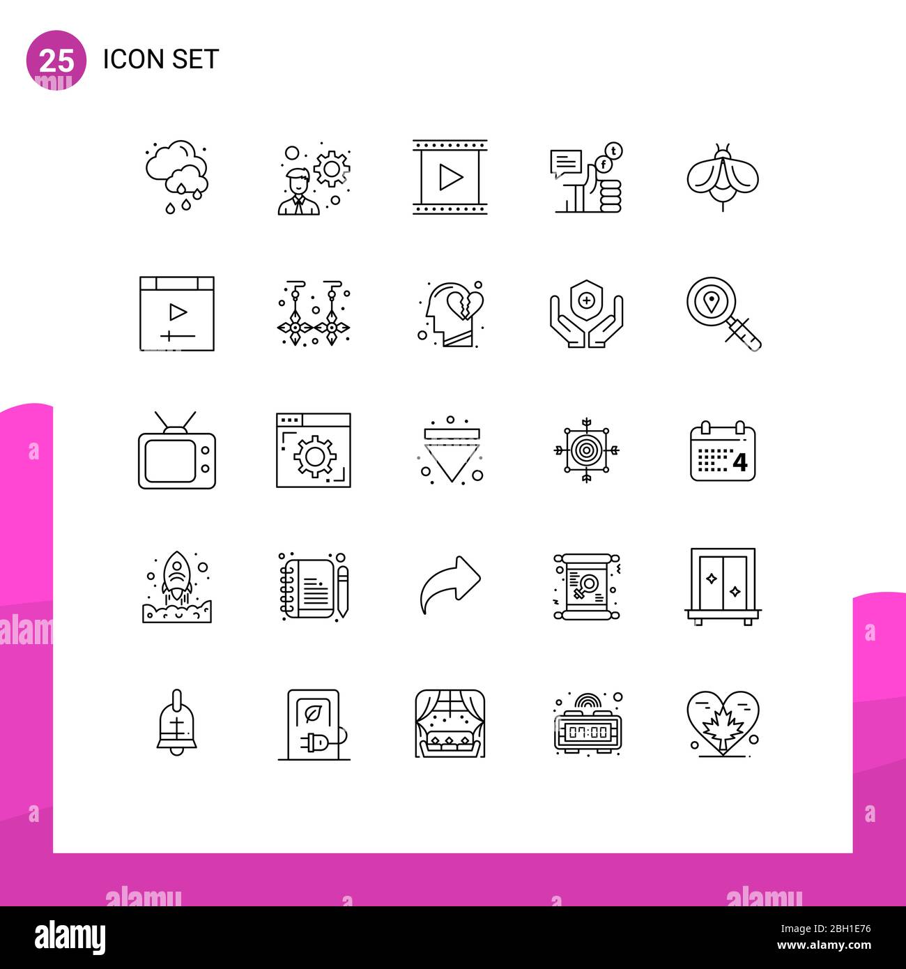 Pictogram Set of 25 Simple Lines of fly, twitter, film, facebook, social Editable Vector Design Elements Stock Vector