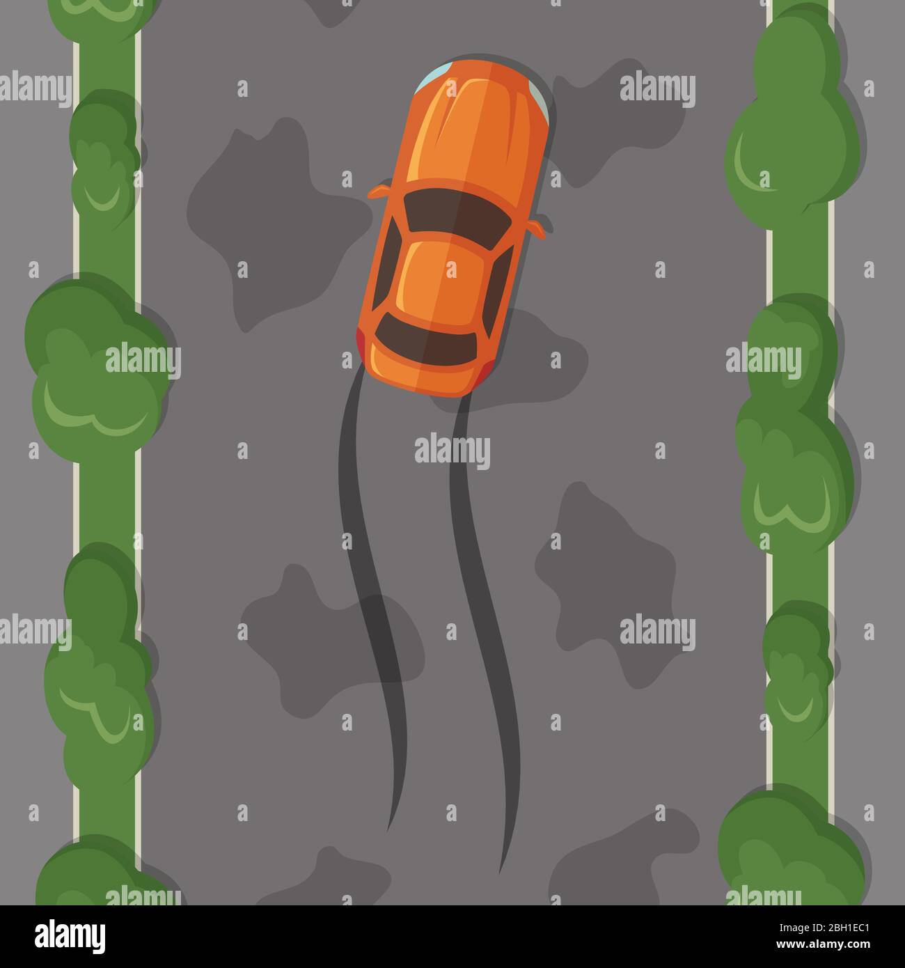 Vector car lost control on wet road with tire tracks with grass and trees on sidelines top view illustration Stock Vector