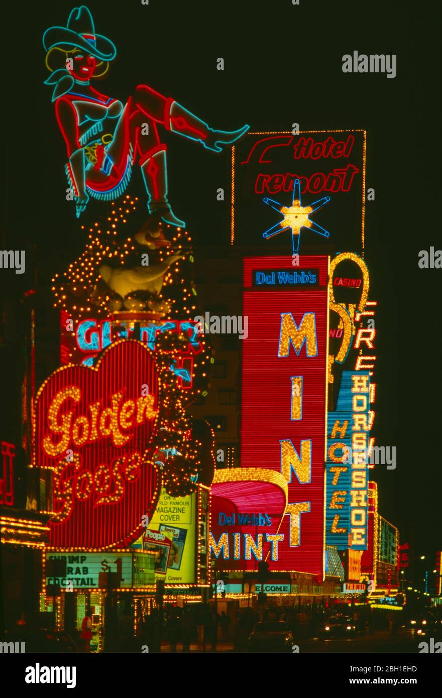 USA, Nevada, Las Vegas Downtown, Fremont Street before the roof was added, Neon casino and hotel signs illuminated at night. Stock Photo