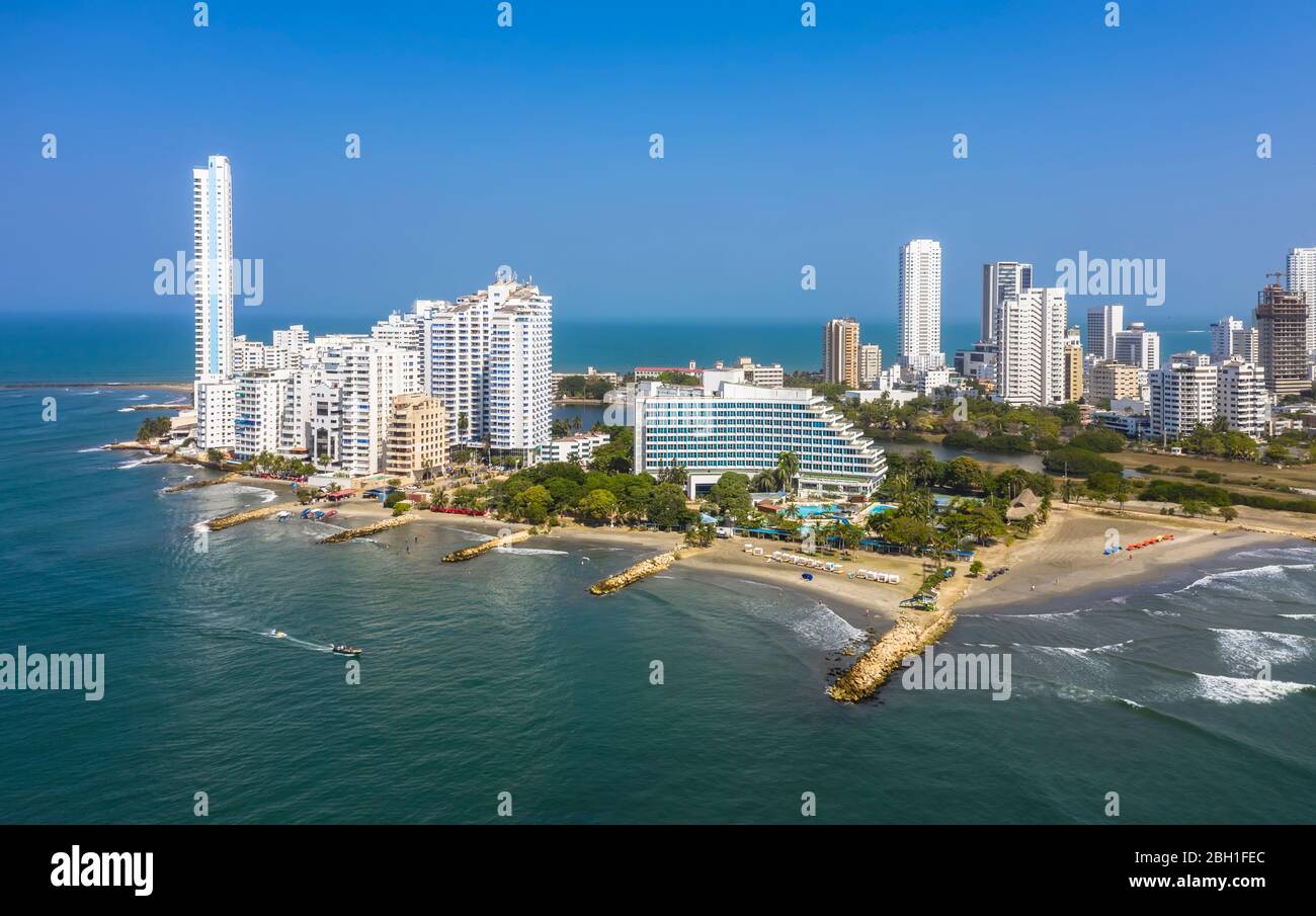Aerial View of the hotels and tall apartment buildings in the modern section of Cartagena