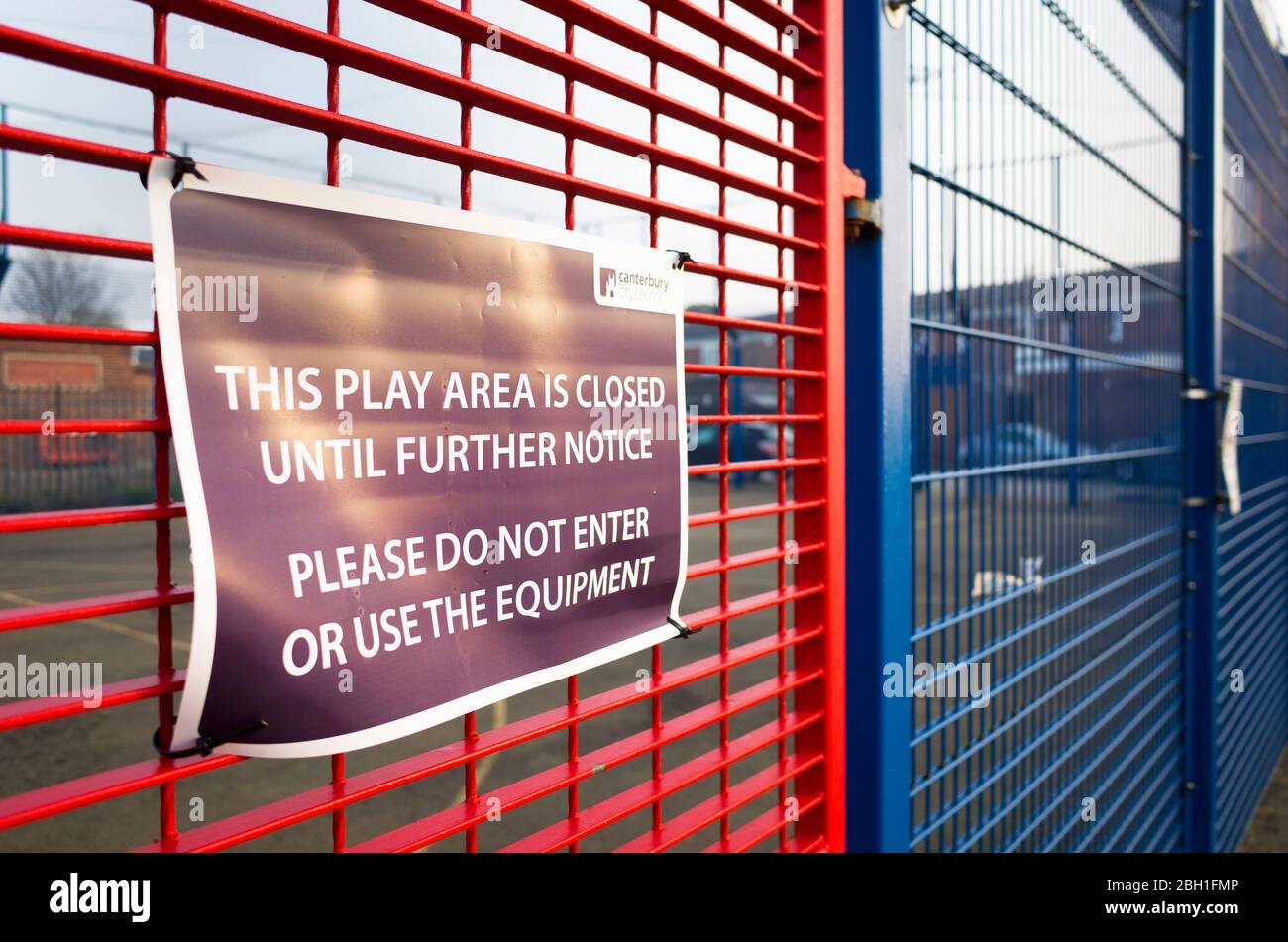 Canterbury city council closure notice displayed on playground fence during 2020 lockdown, Kent United kingdom England. Stock Photo