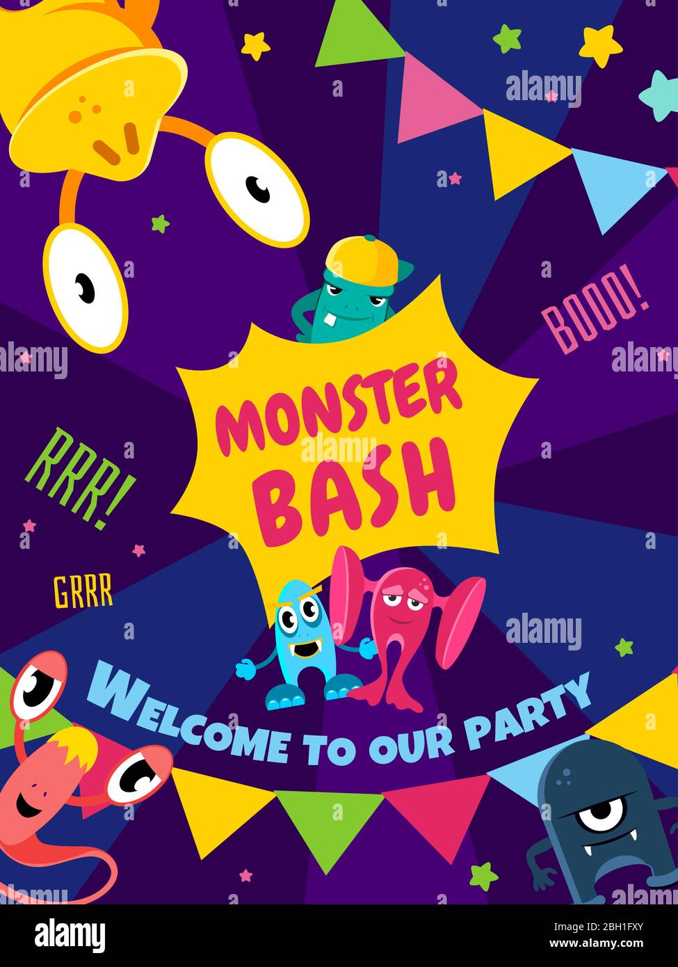 Monster bash party card. Invitation poster vector illustration templat