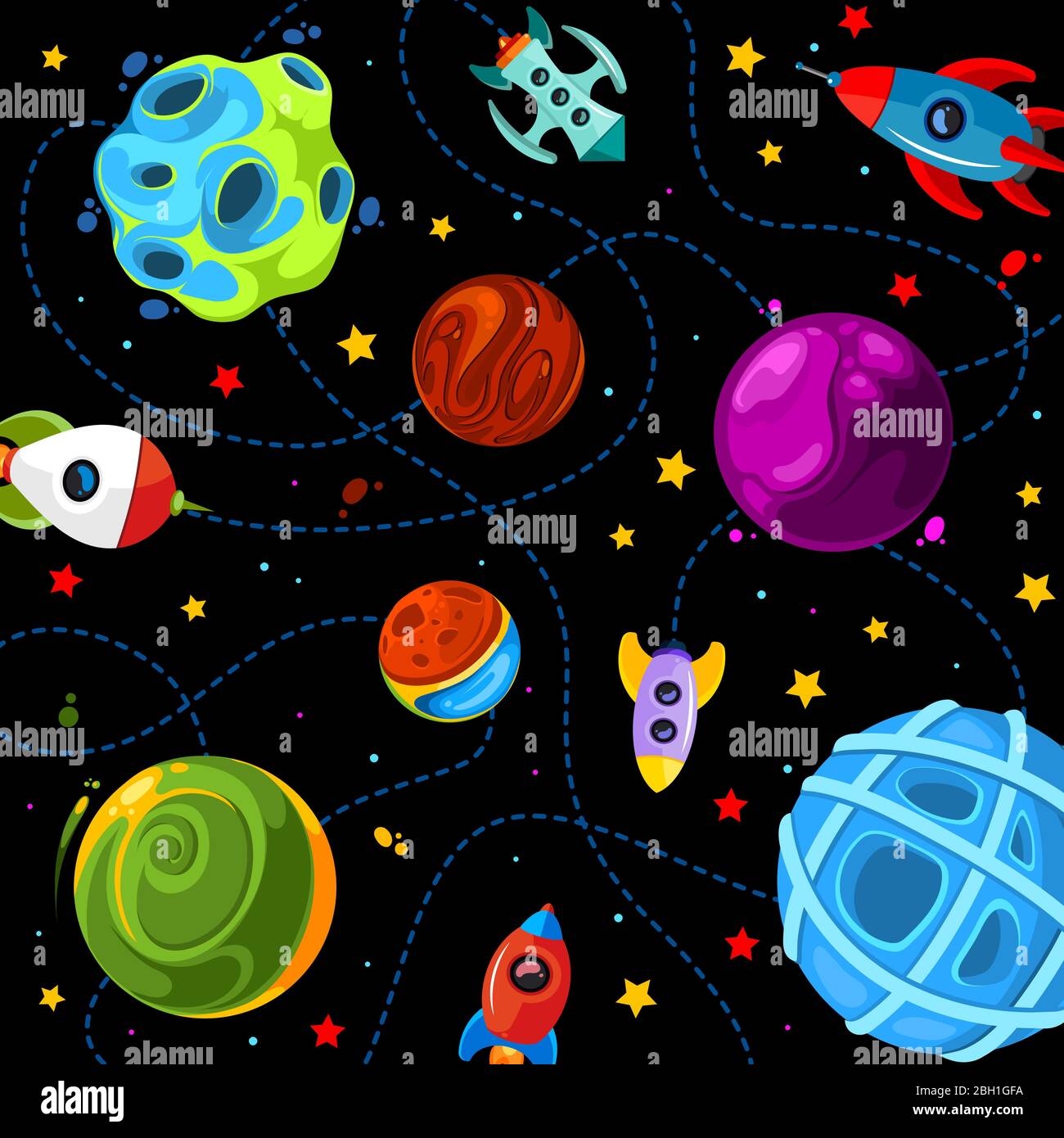 Color children pattern with cute planets, rockets and stars. Vector illustration Stock Vector