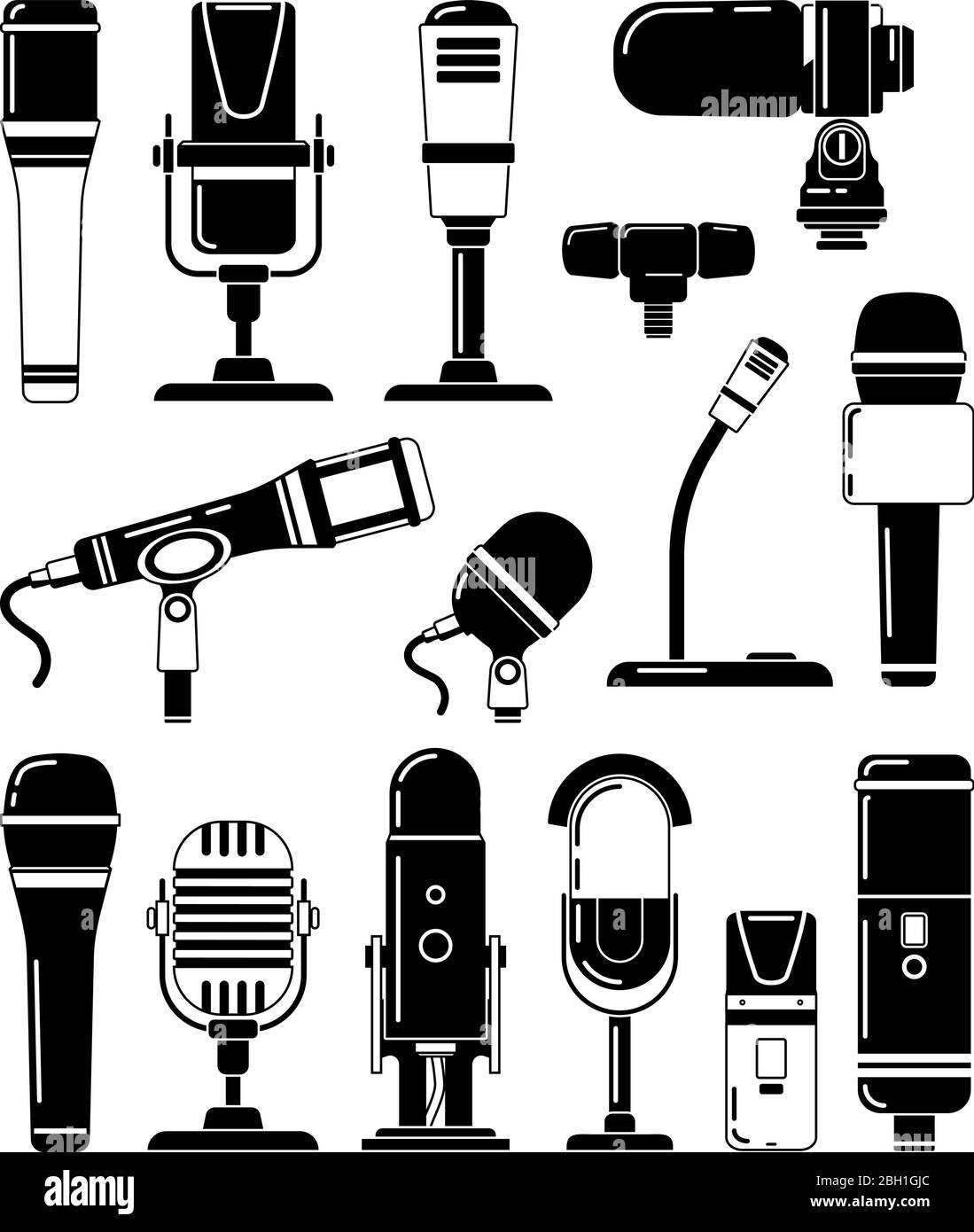 Vector monochrome illustrations of microphones and other professional tools for reporters. Microphone for studio or karaoke, mic and broadcasting Stock Vector