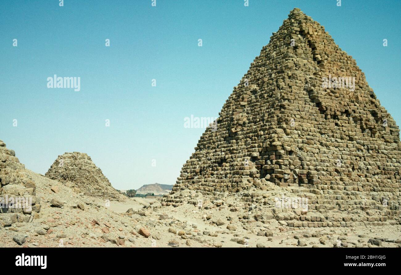 Sudan, Nuri, El Nuri pyramids on the West bank of the Nile  burial place of twenty-one kings and fifty-two queens and princes. Stock Photo