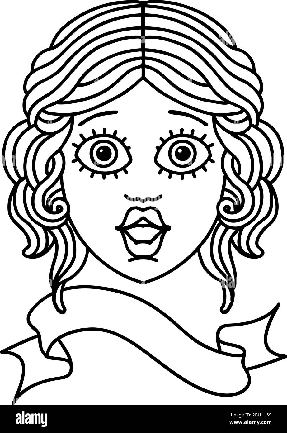 traditional black linework tattoo with banner of female face Stock Vector
