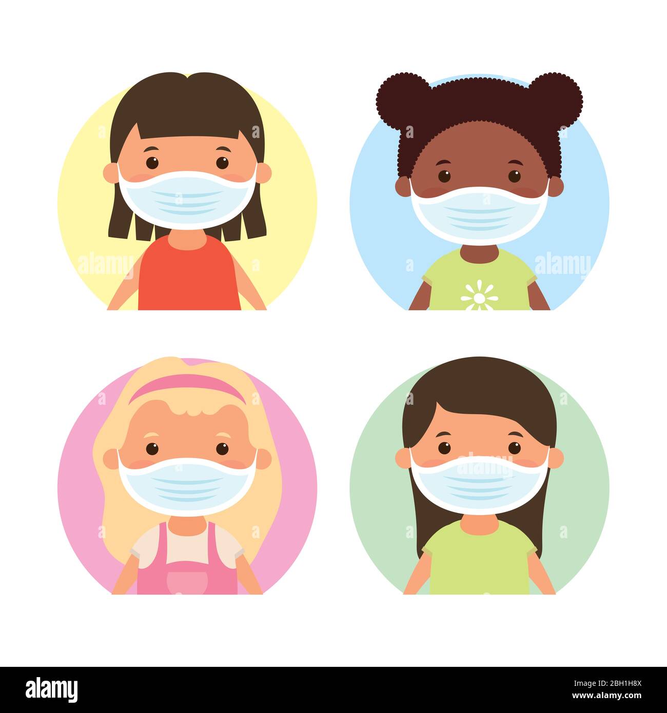 interracial little girls using face masks characters Stock Vector Image ...