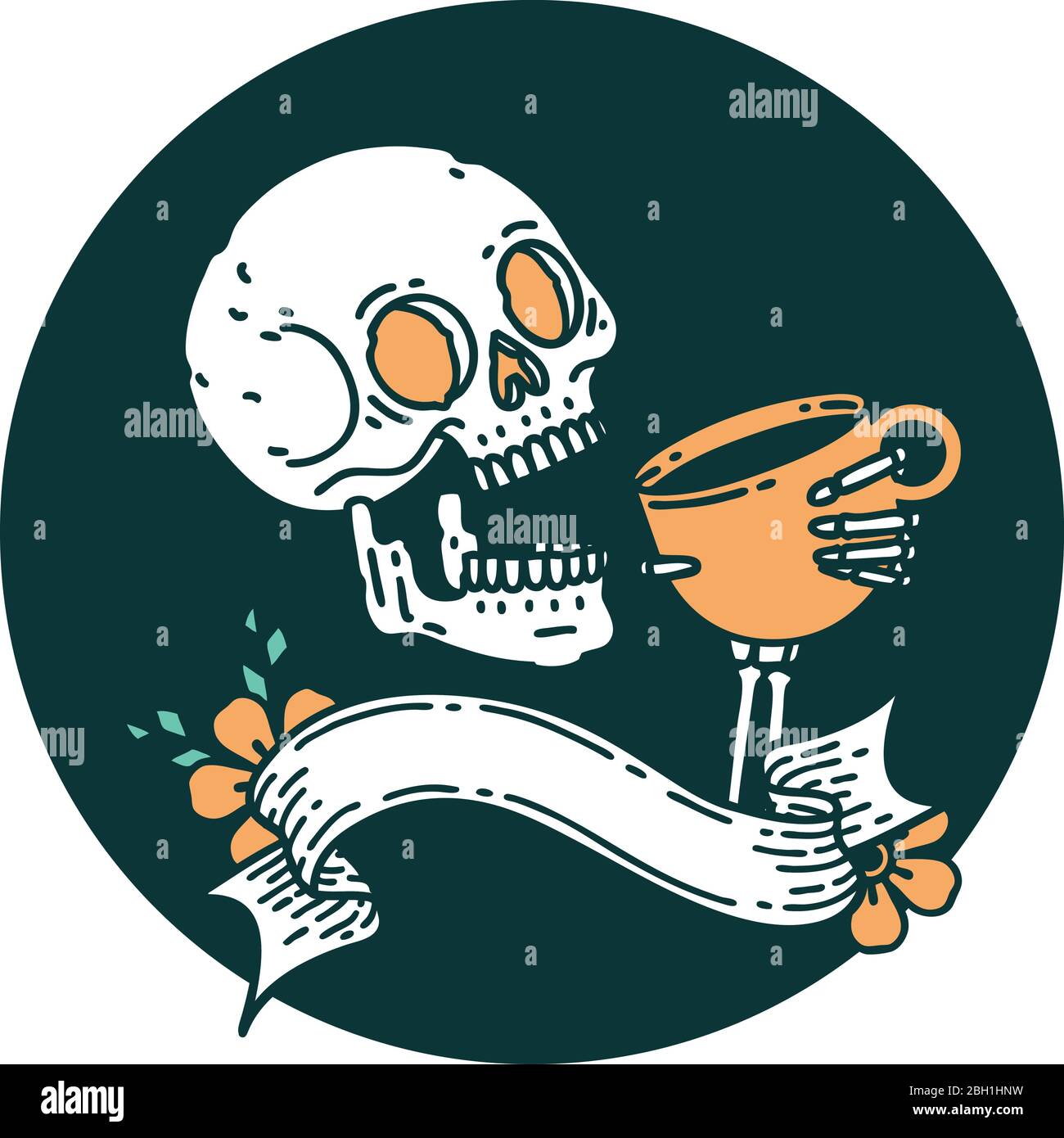 tattoo style icon with banner of a skull drinking coffee Stock Vector Image   Art  Alamy