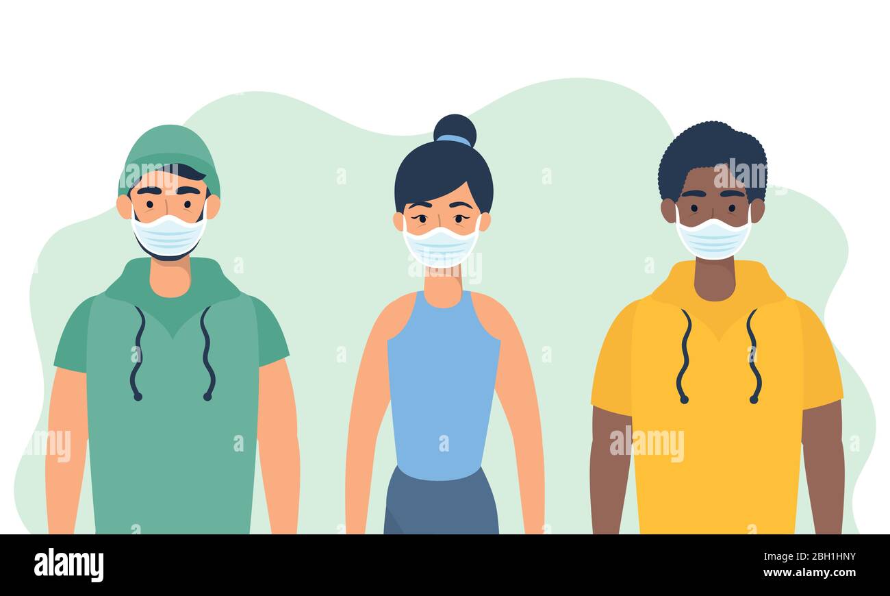 interracial young people using face masks characters Stock Vector Image ...