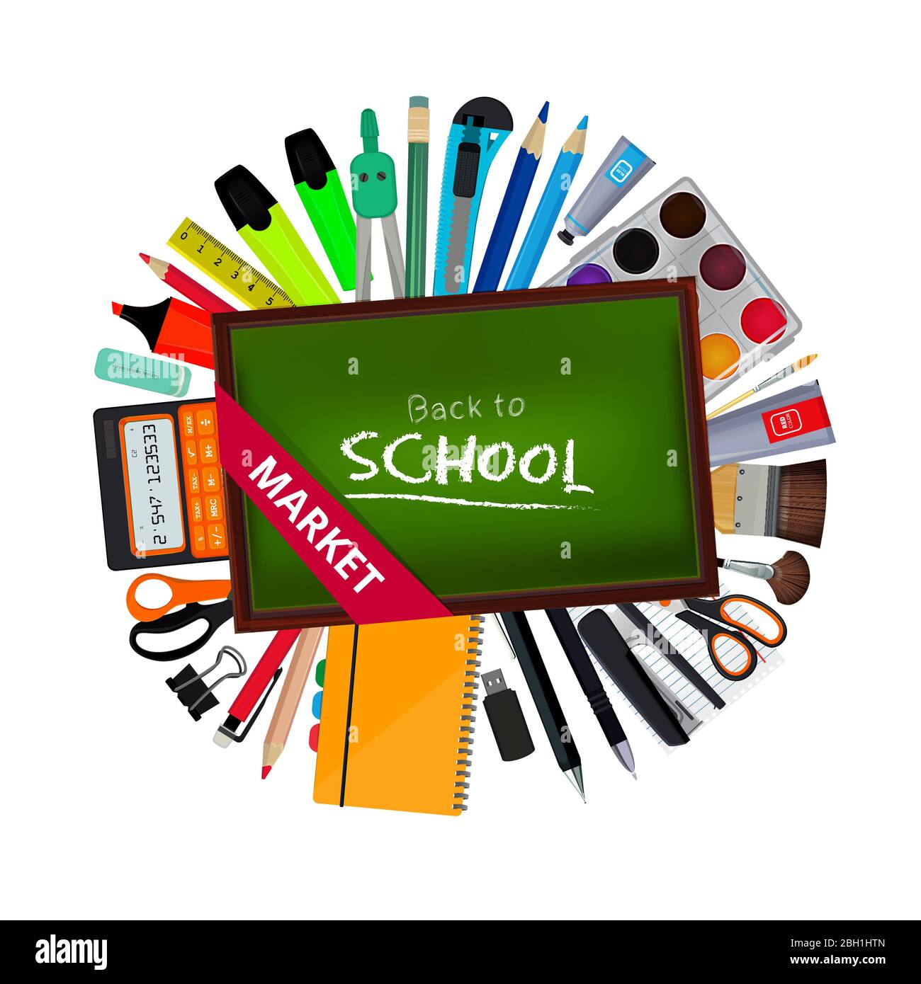 Green blackboard of teacher and different school accessories in circle