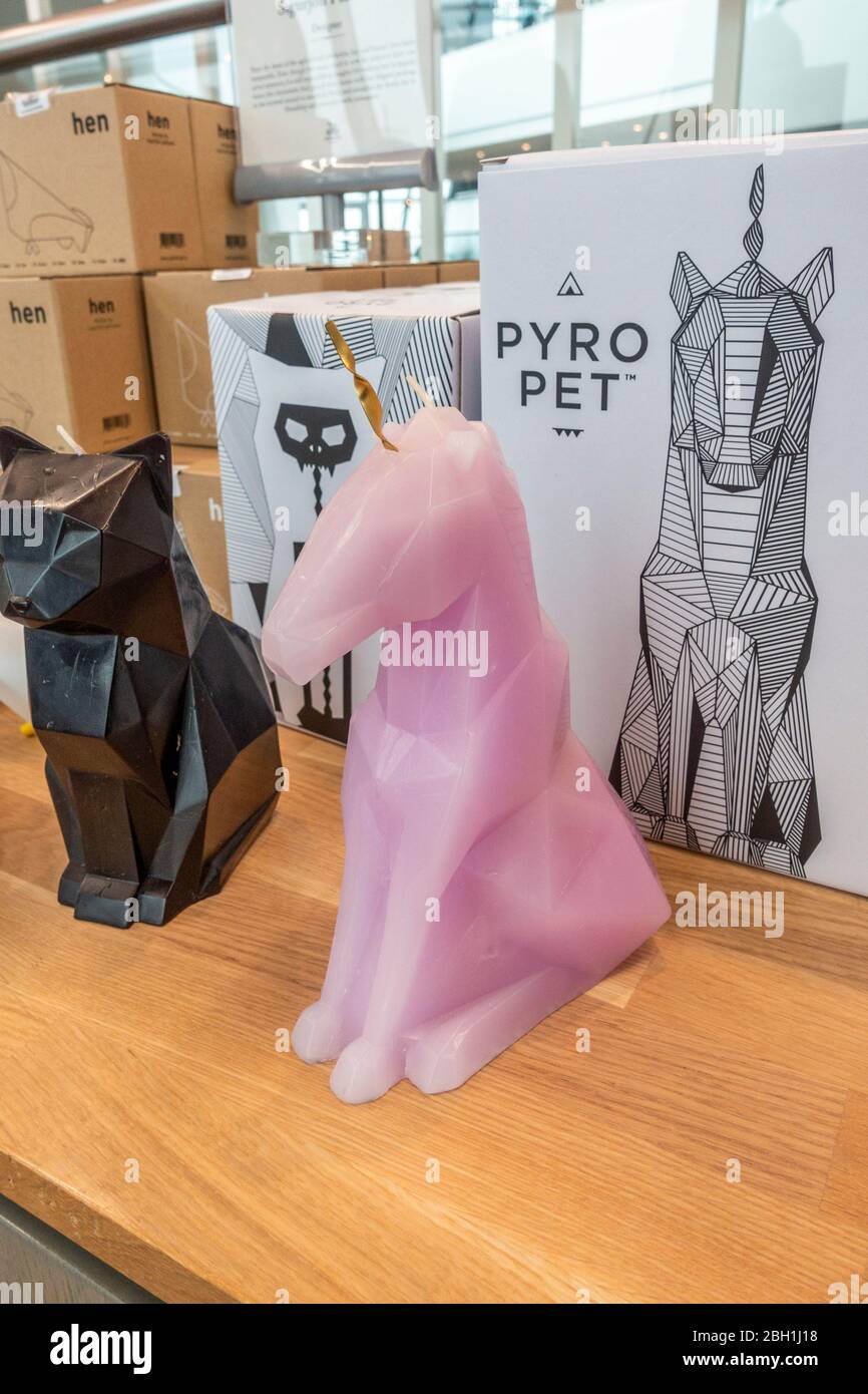 Pyro Pet candle unicorn, designed by Þórunn Árnadóttir, Icelandic gifts for sale in the museum shop, Perlan ('The Pearl') in Reykjavik, Iceland. Stock Photo