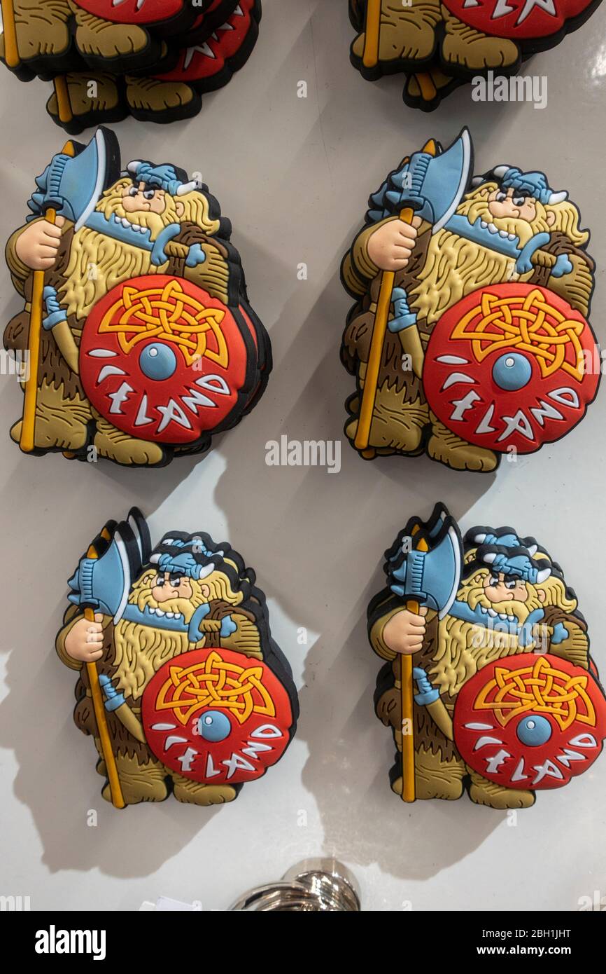 Viking-like Iceland fridge magnets, Icelandic gifts for sale in the museum shop, Perlan ('The Pearl') in Reykjavik, Iceland. Stock Photo