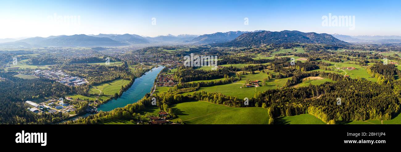 Aerial Panorama Bad Tölz, Isar Valley, Germany Bavarian Alps. Sunrise Stock Photo