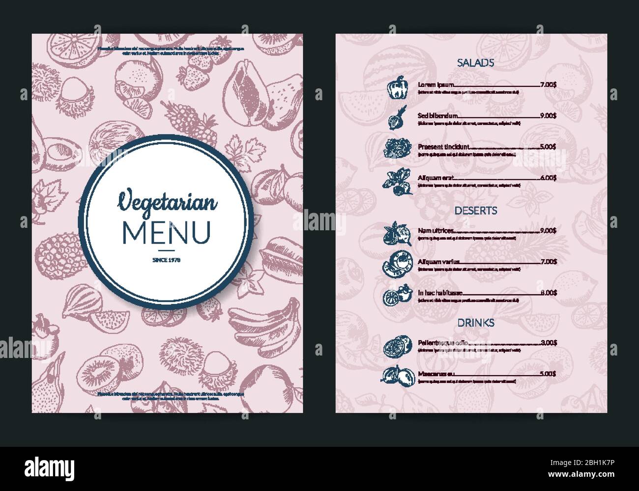 Vector doodle handdrawn fruits and vegetables vegan healthy menu design ...