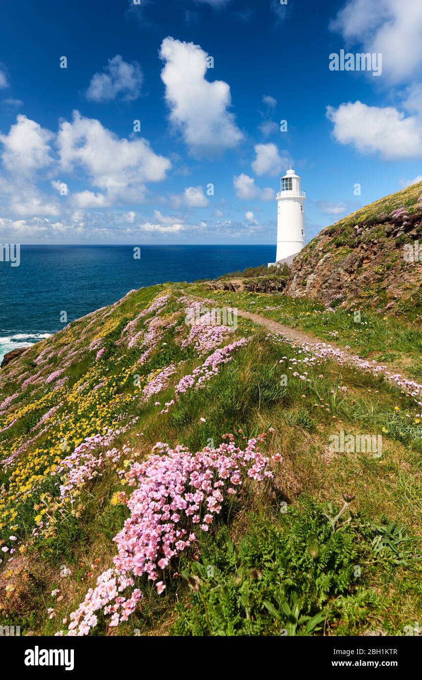 Trevose lighthouse during spring, Cornwall Stock Photo