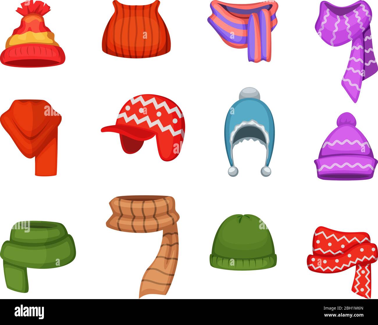 Set of winter scarfs and caps with different colors and styles. Winter cap clothes, fashion accessory clothing knitted, vector illustration Stock Vector