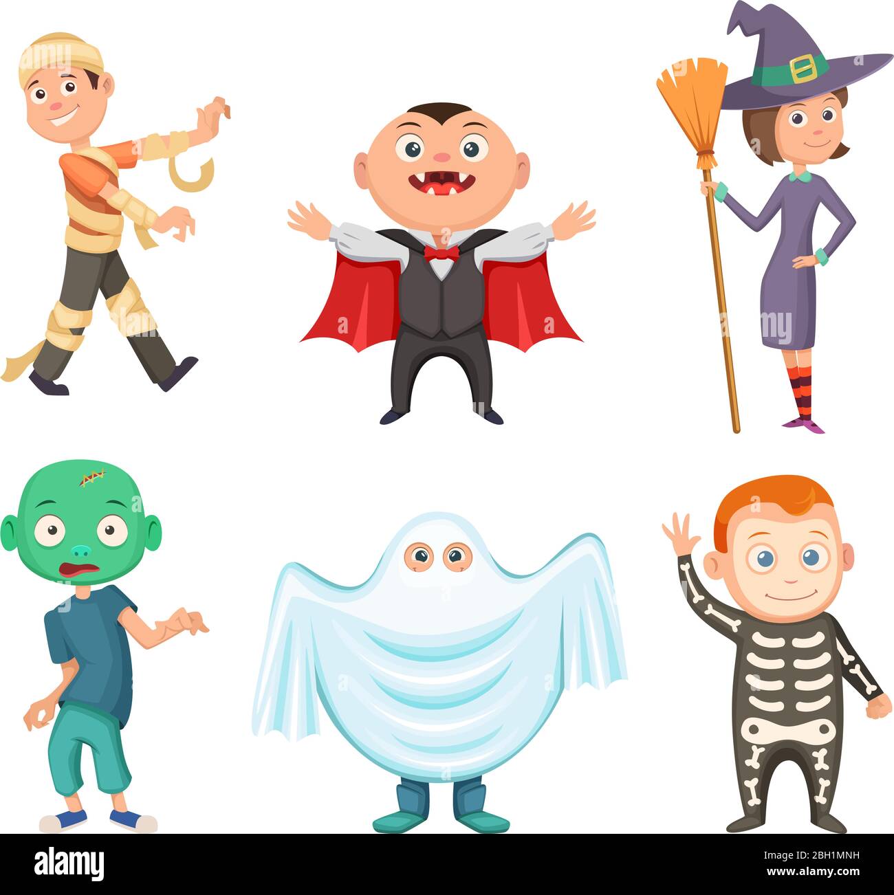 Halloween costumes for kids. Zombie, vampire, witch and funny ghost. Set of costume for halloween party, vector illustration Stock Vector