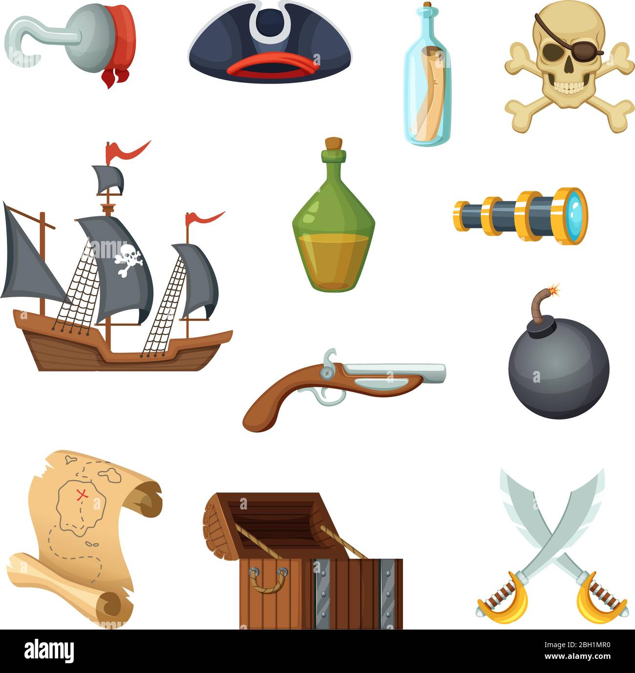 Different icon set of pirate theme. Skull, treasure map, battle ship of corsair and other objects in vector style. Illustration of pirate ship, treasu Stock Vector