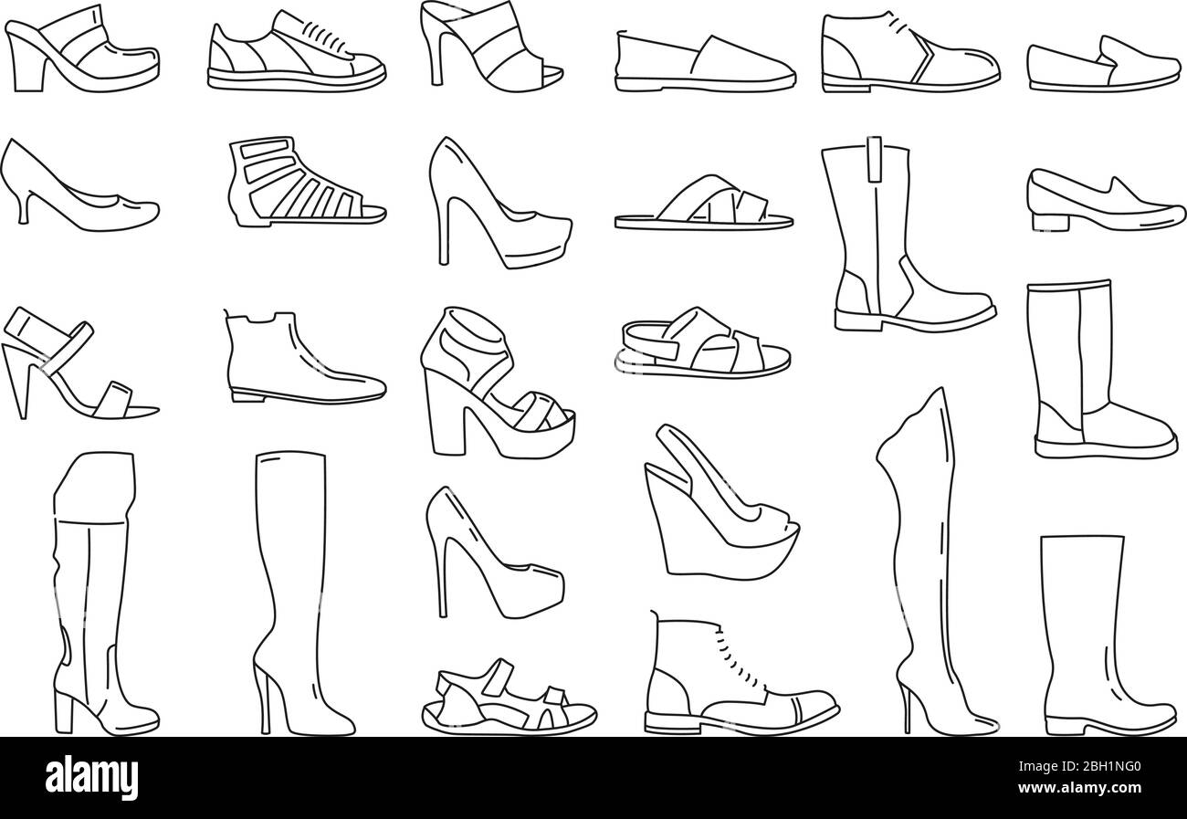 Different shoes for men and women. Vector illustrations in linear style. Footwear fashion man and woman, shoes and sneaker line illustration Stock Vector