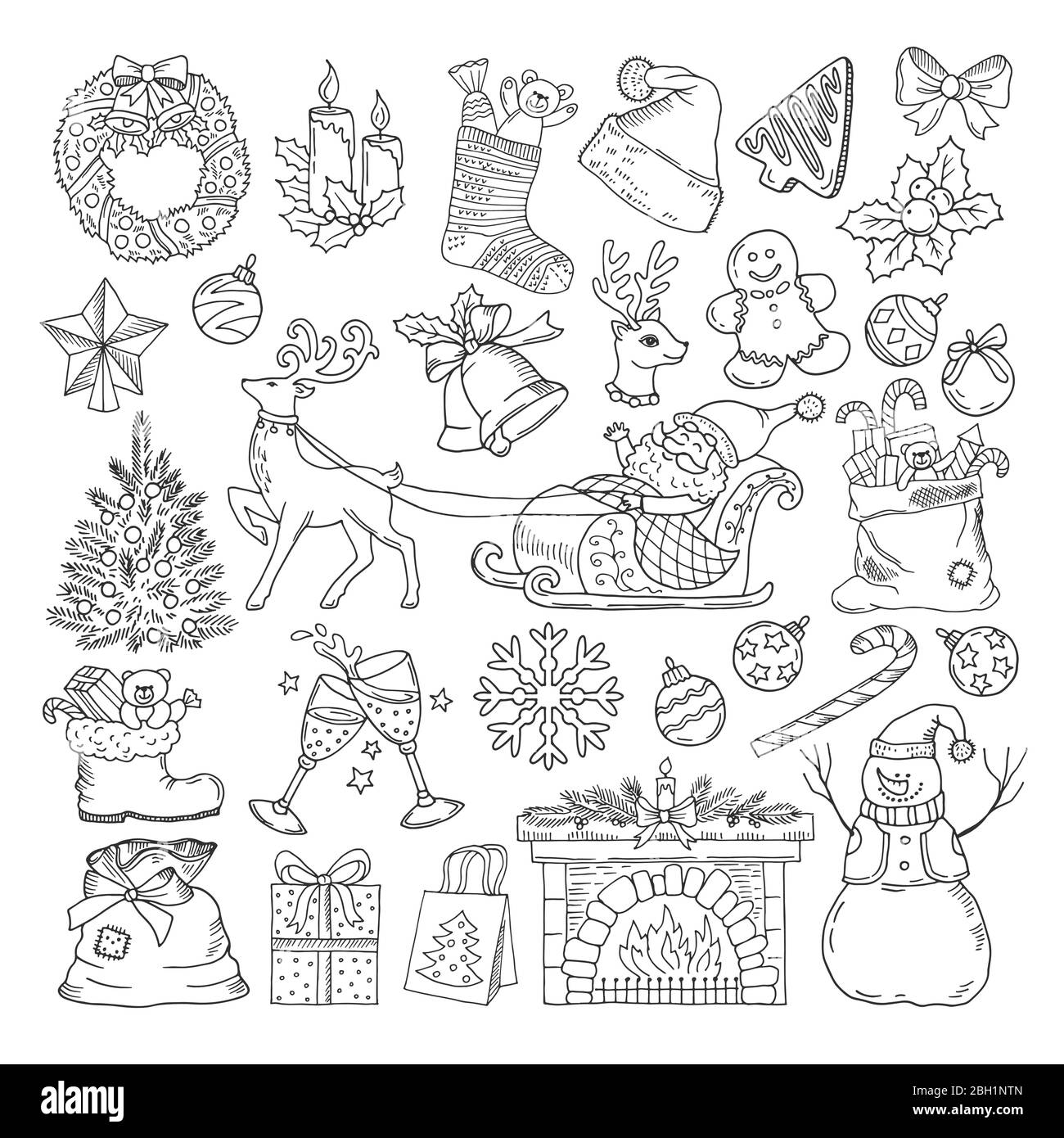 Different winter holidays objects. Christmas party icons collection. Vintage illustration set in hand drawn style. Winter party christmas with santa c Stock Vector
