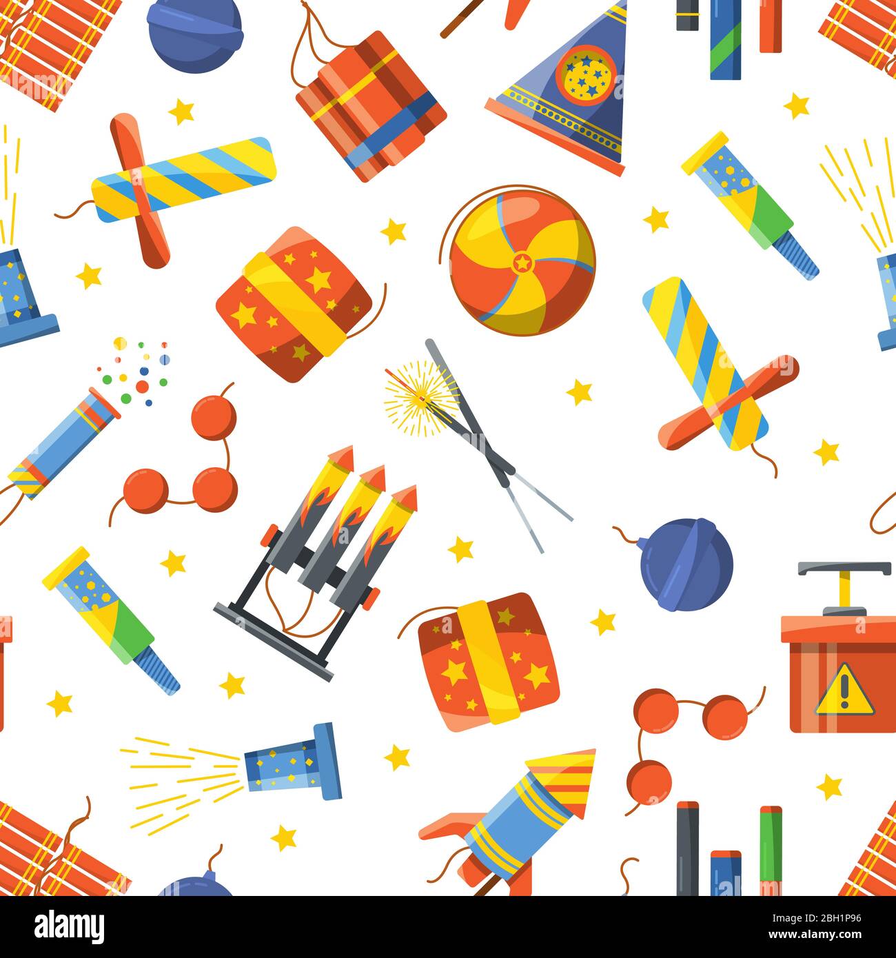 Seamless pattern with pyrotechnic tools, Vector pattern firecracker and skyrocket, bomb and dynamite illustration Stock Vector