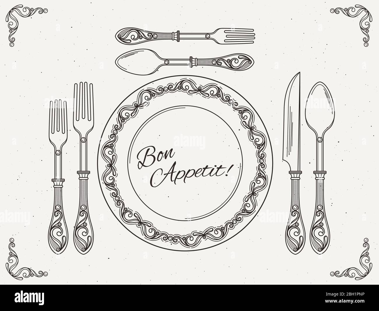 Banquet tableware. Vintage dish with spoon, fork and knife. Symbols of eating on retro vector poster. Knife and spoon, plate and fork illustration Stock Vector