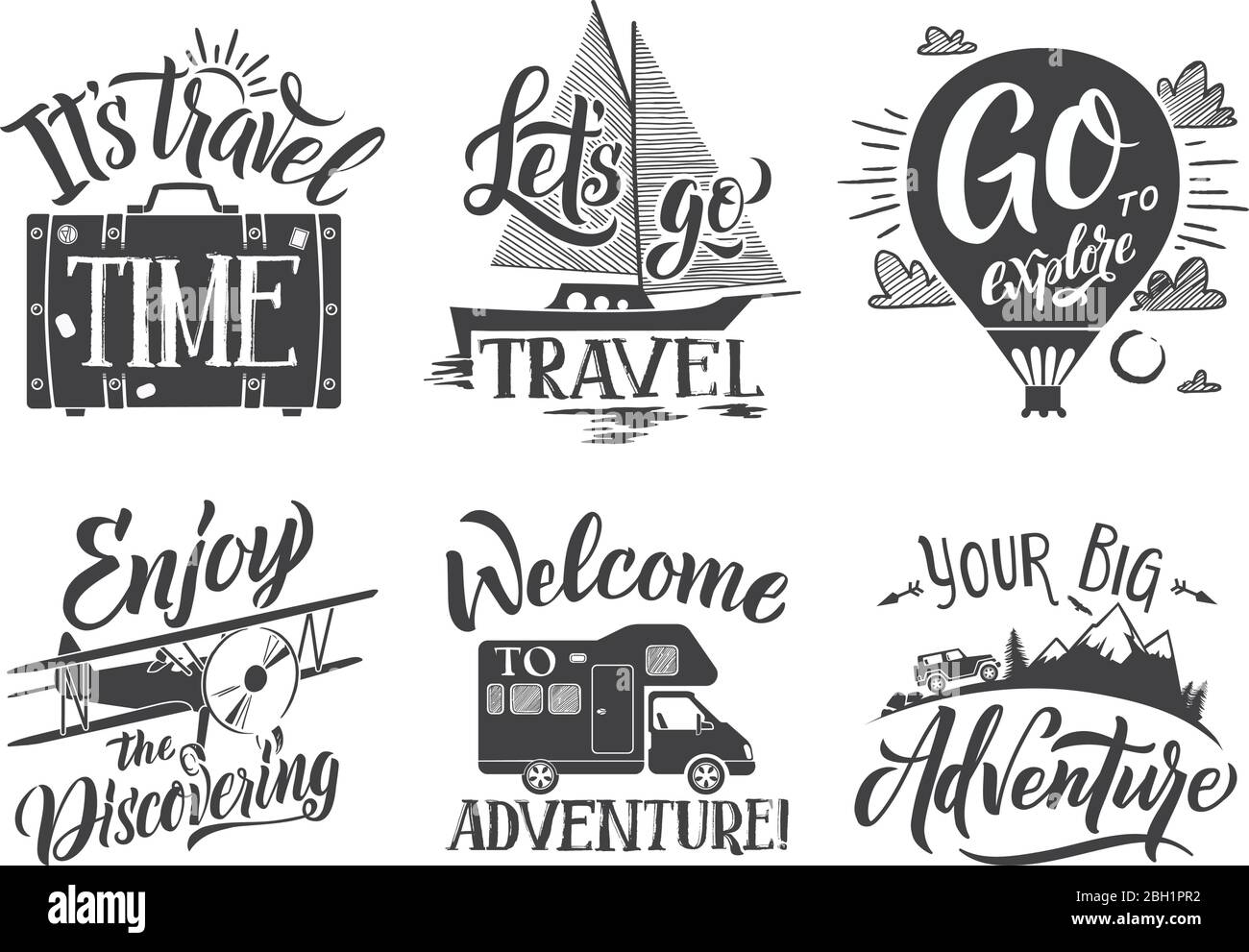 Monochrome travel labels set with hand writing words and letters. Adventure vector symbols. Travel adventure emblem, badge and label explore illustrat Stock Vector