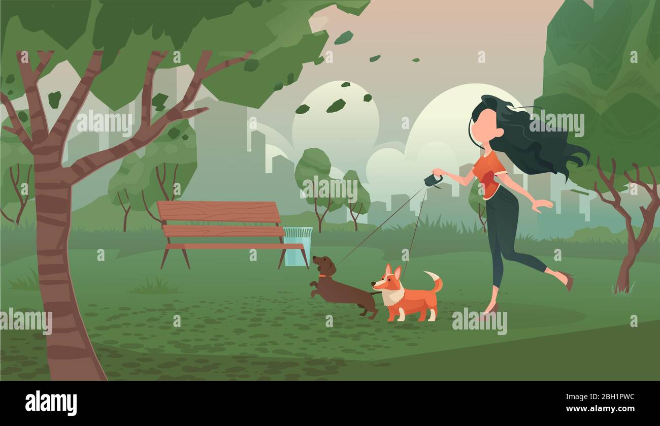 Vector of a happy young woman walking dogs in the city park Stock Vector