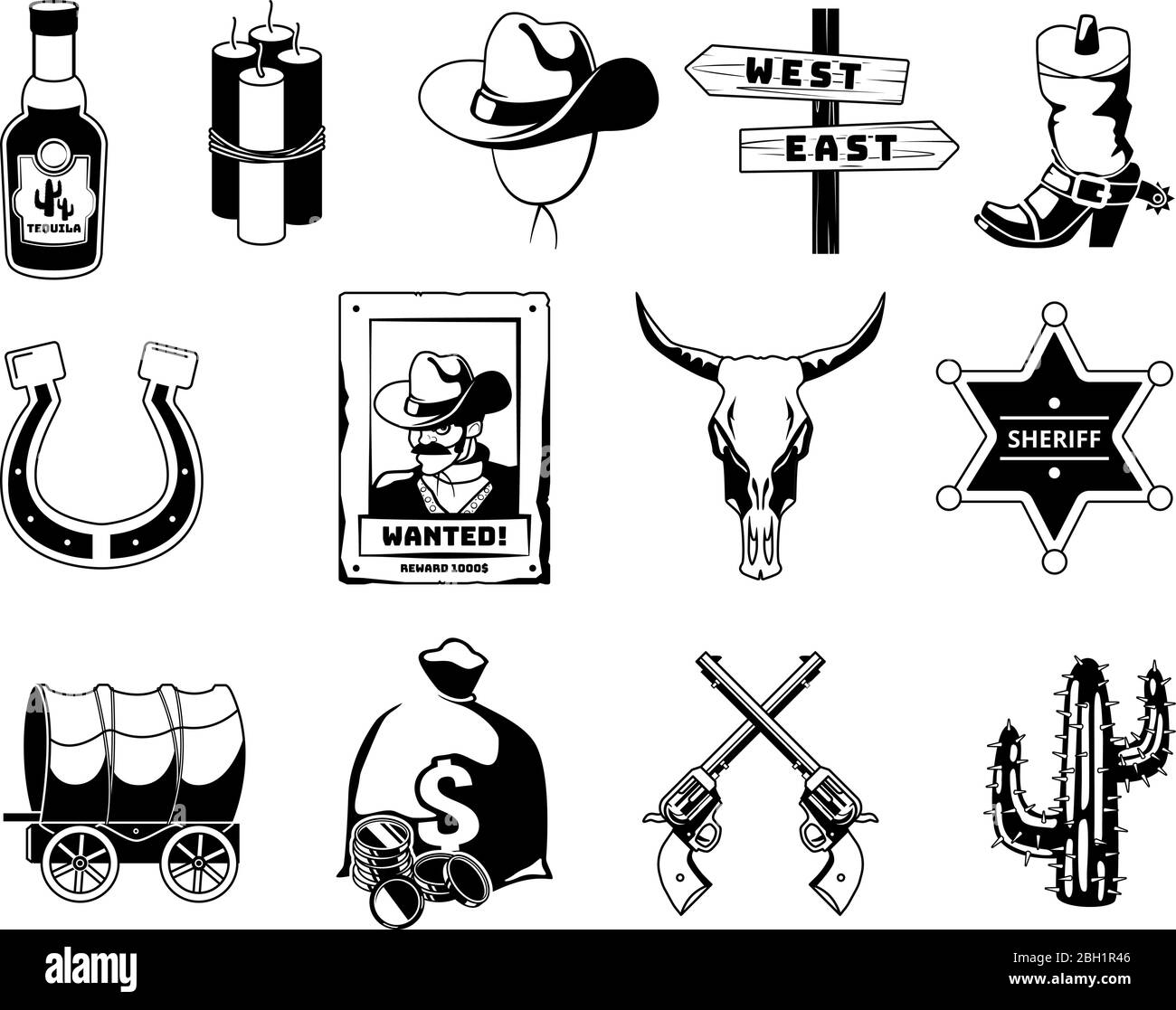 Monochrome black illustrations. Theme of wild west. Cowboy, sheriff, guns and others icons. Sheriff star and revolver, tequila and money, wagon and ca Stock Vector